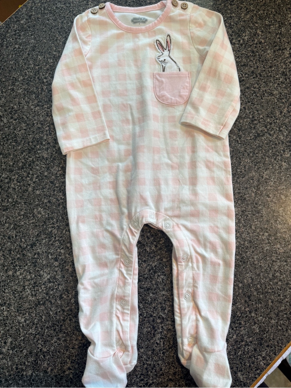 Mud Pie Pink Gingham Footed One-Piece with Bunny Pocket